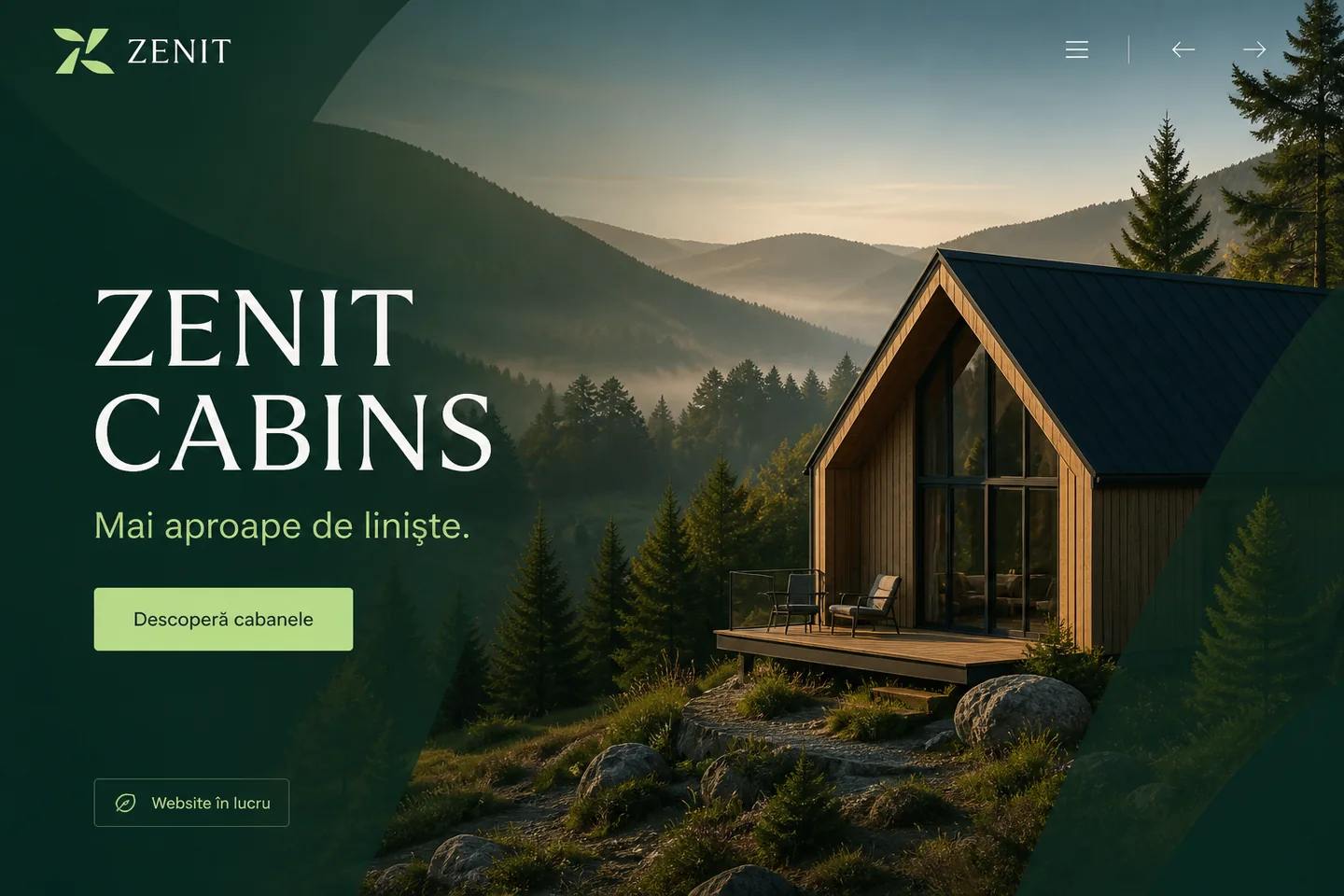 Concept landing page Zenit Cabins realizat pe identitatea de brand KADD