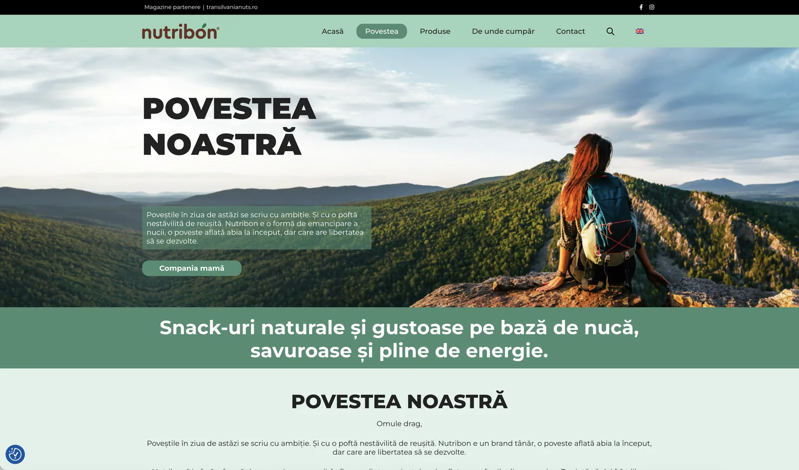 Pagina Povestea noastră din website-ul Nutribon, cu imagine de brand și mesaj despre snack-uri naturale