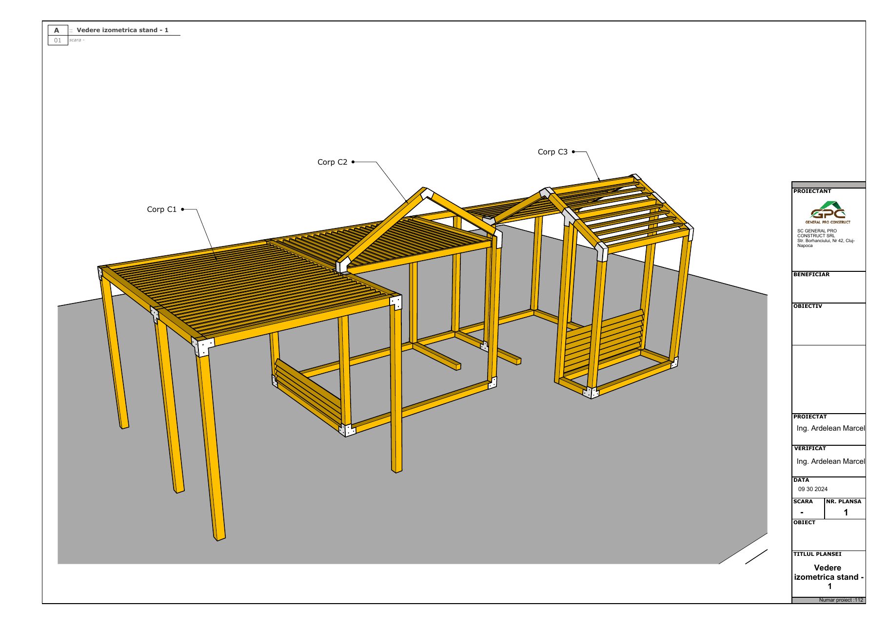 Technical drawing: isometric view of the stand structure